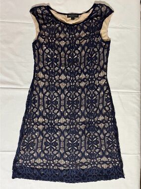 Connected Apparel Sleeveless Dress Size 10 Navy Blue Lace Pattern & Fleshtone